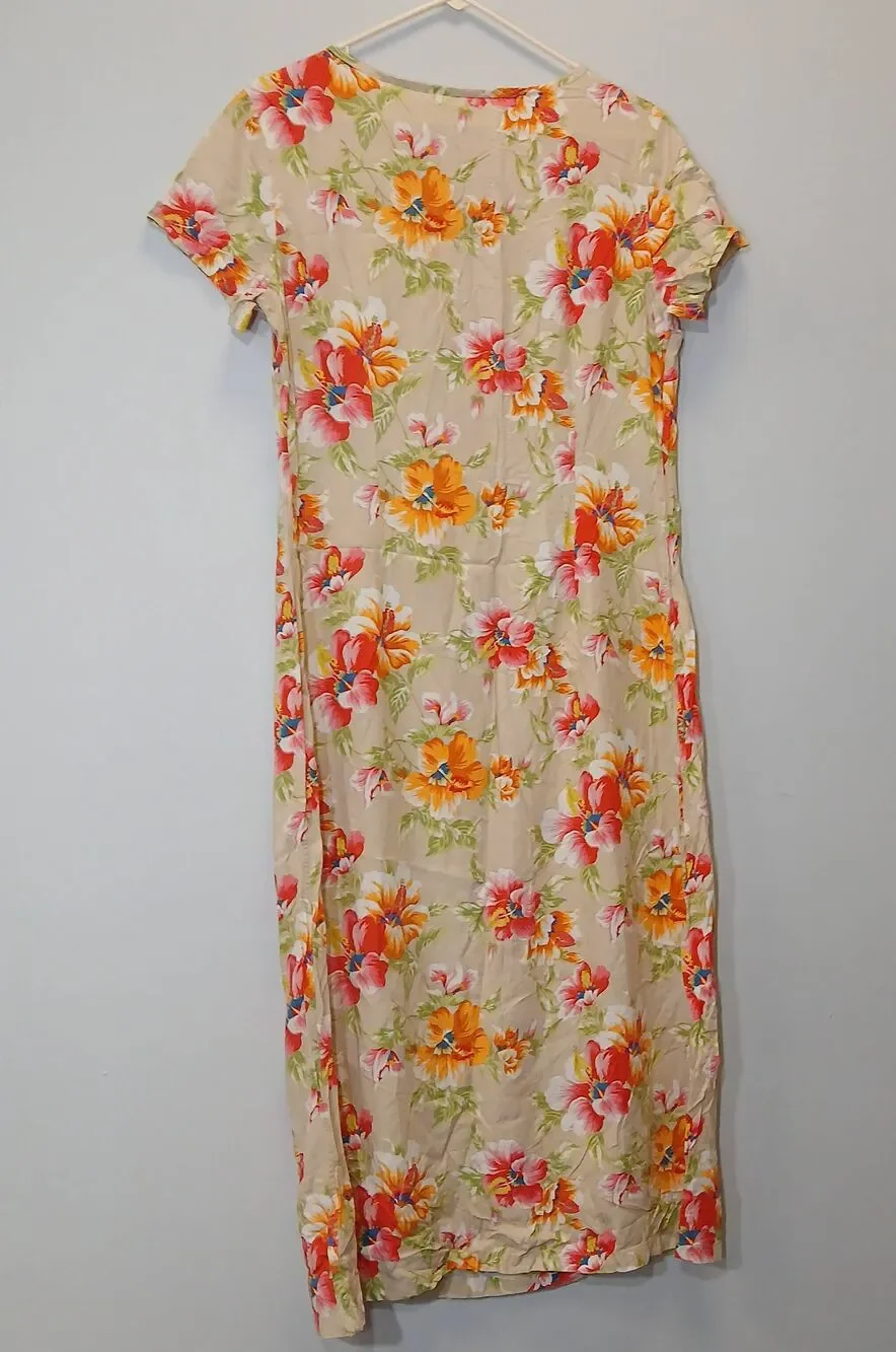 Vtg y2k Liz womens size 12 maxi dress Hawaiian floral Coastal tan green rayon